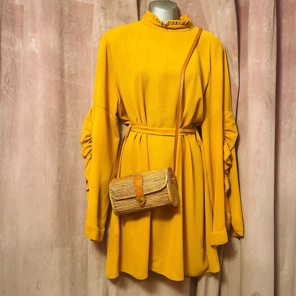Boohoo Yellow Mini Dress with Ruffle Sleeves